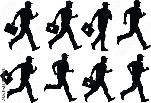 PrintSilhouette of emergency medical worker running with first aid kit, healthcare professional providing urgent help, rescue and emergency response concept illustration