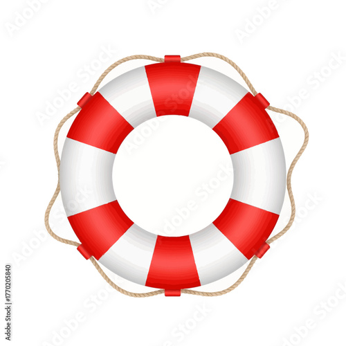 A red and white striped lifebuoy with a rope attached, isolated on a plain white background.