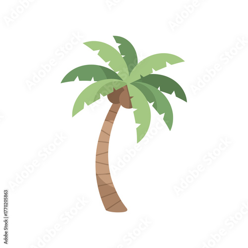 A simple cartoon illustration of a tropical palm tree with green fronds and a brown trunk, set against a white background.