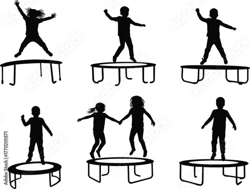 PrintSilhouette of happy children jumping on trampolines, outdoor fun, kids exercise, playful activity, balance, coordination, joy, fitness, recreation, childhood energy
