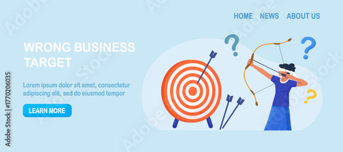 Business woman with closed eyes trying to shoot arrows with bow to hit bullseye but failed miserably. Person aiming with archery at target incorrectly. Wrong business goals, strategies and failure