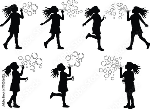 PrintSilhouette of little girl blowing soap bubbles, childhood fun, joyful outdoor activity, happiness, innocence, playful moment, carefree summer joy