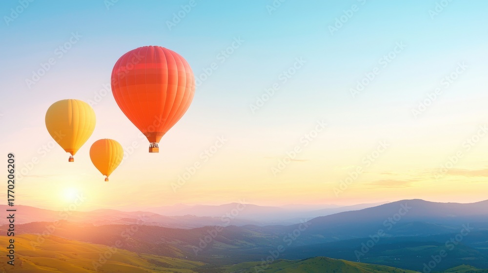 Fototapeta Paradise Hot air balloons floating over a stunning valley at sunrise.