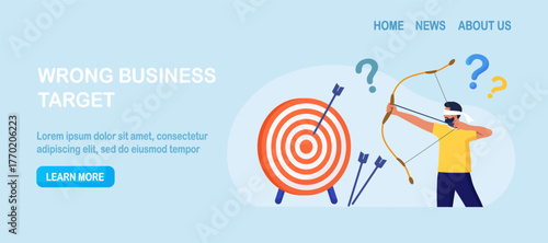 Businessman with closed eyes trying to shoot arrows with bow to hit bullseye but failed miserably. Person aiming with archery at target incorrectly. Wrong business goals, strategies and failure