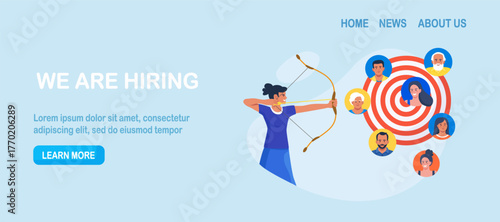 HR manager finding candidate for job vacancy. Businessman shooting bow on target with people avatar. Target audience for advertising. Leader finding customer or client. Recruitment hiring process