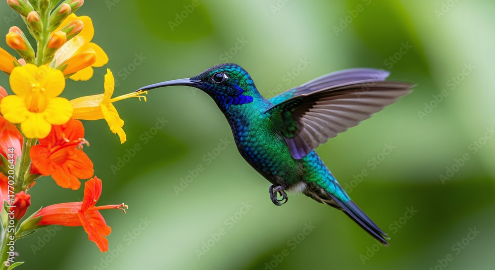 Obraz premium A vibrant hummingbird hovers near a cluster of orange and yellow flowers