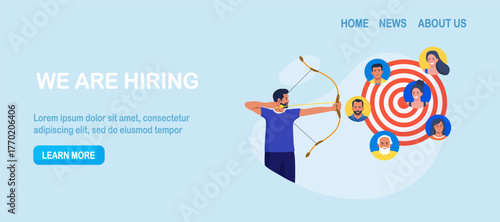 HR manager finding candidate for job vacancy. Businessman shooting bow on target with people avatar. Target audience for advertising. Leader finding customer or client. Recruitment hiring process
