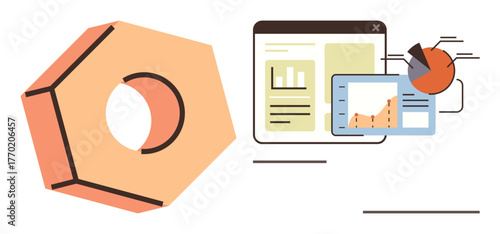 Dashboard with bar and pie charts, large nut symbolizing industry, data analysis, and innovation. Ideal for analytics, industry trends, strategy, engineering modern design and solutions. Simple