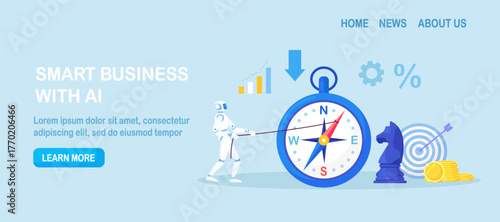 AI robot pulls giant compass toward profit. Artificial intelligence technology as smart assistant to develop business vision, direction and strategy. Searching for financial opportunities
