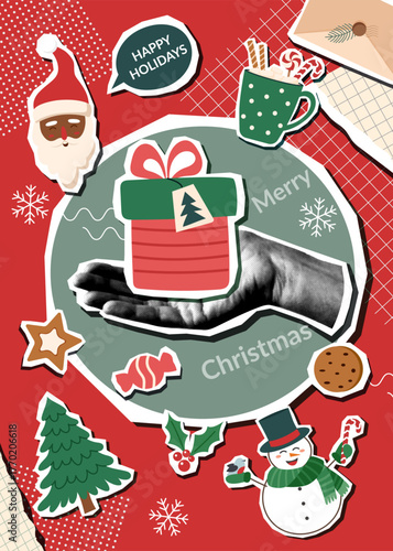 Christmas collage poster with human hand photo with gift box and Christmas objects. Christmas trendy background.