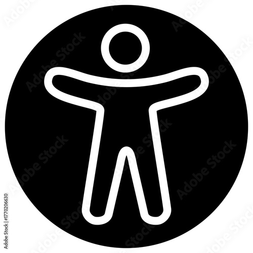 Black Universal Accessibility Icon: White Outline of a Person with Open Arms in a Circle, Symbolizing Inclusion and Barrier-Free Design