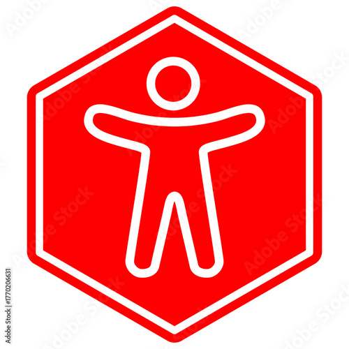 Red Hexagon Universal Accessibility Icon: White Outline of a Person with Open Arms, Symbolizing Inclusion and Barrier-Free Design