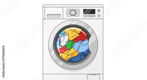 Modern household washing machine with colorful clothes spinning inside, illustrating daily laundry chores and domestic cleaning tasks for a fresh home environment