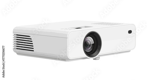 Modern white digital video projector isolated on a white background for home cinema and business presentations