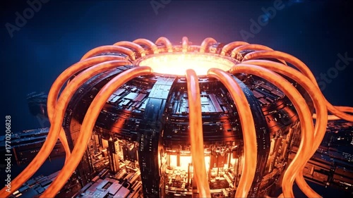 A powerful tokamak fusion reactor core glowing with intense thermal energy, a futuristic concept for clean power generation