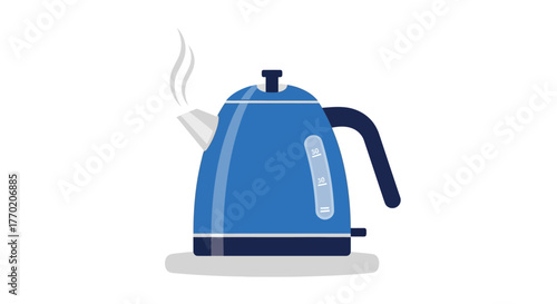 Blue electric kettle with steam boiling water for a hot drink. Vector illustration of a kitchen appliance isolated on a white background