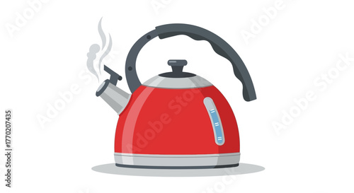 Red Kettle Illustrating the Process of Boiling Water with Steam Rising