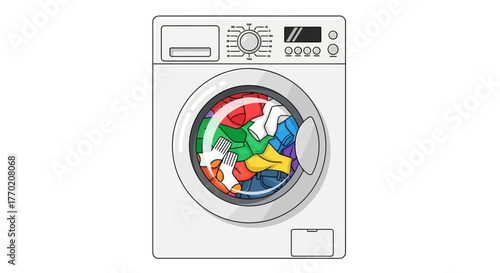 Laundry Machine With Colorful Clothes Inside For Domestic Cleaning Tasks