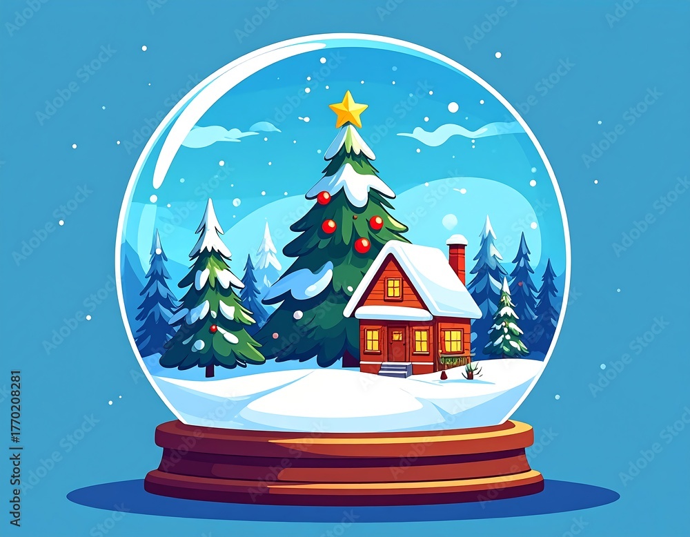 Naklejka premium Festive scene inside a snow globe, featuring a cabin and evergreen trees