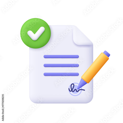 White document file with pen, signature and green check mark. Business, office, approved contract, completed agreement and verified document concept. 3d vector icon. Cartoon minimal style.