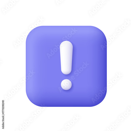 White exclamation sign on purple square app button. Alert, warning, caution and danger concept. 3d vector icon. Cartoon minimal style.