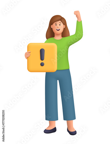 Young smiling woman Kate holding sign with exclamation mark and raising arm. Warning, alert, attention, notification and important message concept. 3d vector people character. Cartoon minimal style.