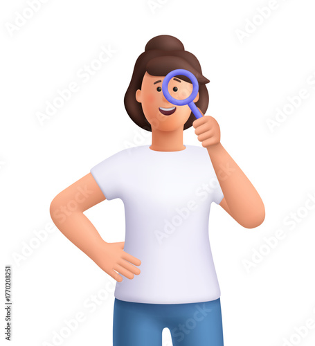 Young smiling woman Jane looking through magnifying glass. Search, investigation, analysis, research, inspection and discovery concept. 3d vector people character. Cartoon minimal style.