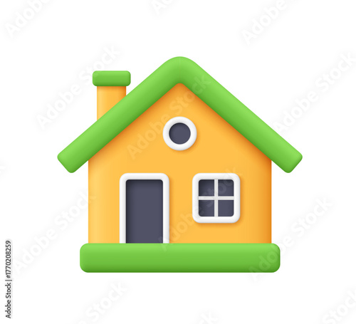 Yellow house with green roof, window and chimney. Real estate, smart home, mortgage, property and housing concept. 3d vector icon. Cartoon minimal style.
