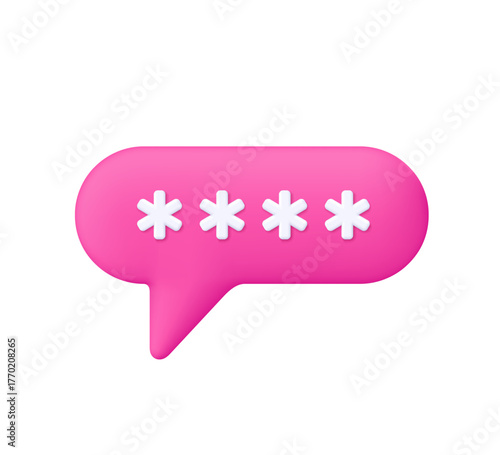 Pink speech bubble with password. Secure message, privacy, security, login, data protection and cybersecurity concept. 3d vector icon. Cartoon minimal style.
