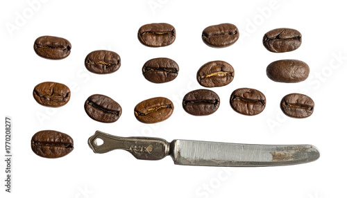 Roasted coffee beans neatly arranged with a tarnished silver knife