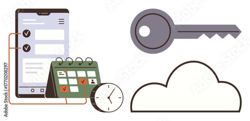Smartphone screen with checklists, calendar with task completion, clock, key, and cloud icon. Ideal for time management, security, data storage, productivity cloud-based tools organization simple
