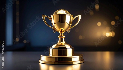 Golden Trophy on Stand with Dark Background.