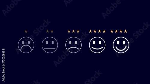 Customer feedback rating icons sad neutral happy faces with stars showing satisfaction levels on dark blue background for review and survey concepts
