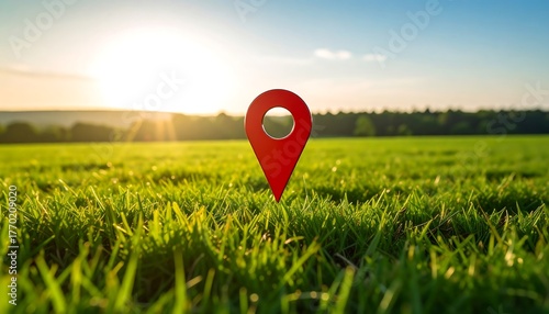 Location marker on green field at sunset.