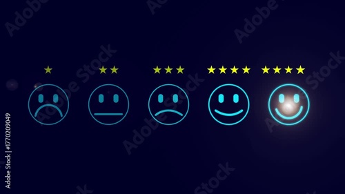 Customer feedback rating system with sad neutral and happy faces and stars on dark background concept for service evaluation satisfaction and reviews