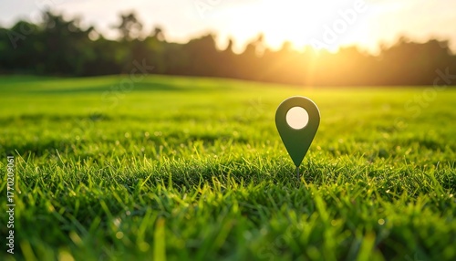 Location pin in green grass at sunset. (1)
