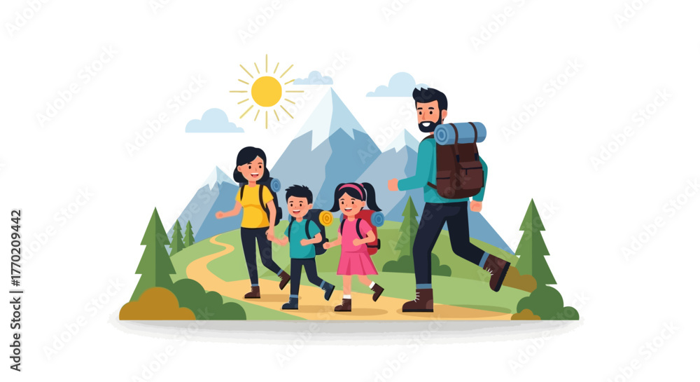 Fototapeta premium Family hiking adventure in a scenic mountainous landscape with pine trees and a bright sun
