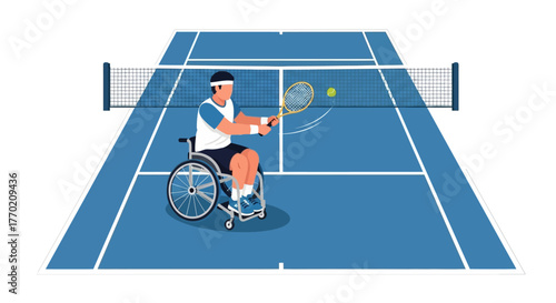 Dynamic vector illustration of a male athlete playing wheelchair tennis, showcasing adaptive sports and athletic competition on a blue court