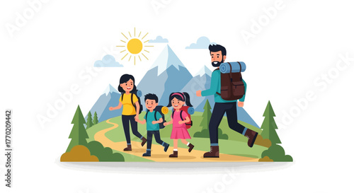 Family hiking adventure in a scenic mountainous landscape with pine trees and a bright sun