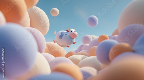 A cartoon cow floats amidst a cloud of pastel-colored spheres against a pale blue sky