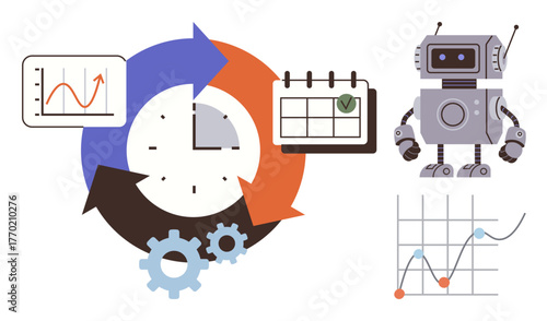 Circular process, graph board, calendar checkmark, robot, gears, and data chart. Ideal for productivity, workflow time management task automation analytics innovation futuristic progress. Simple