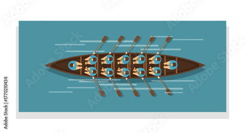 Teamwork Rowing boat with people paddling in a harmonious manner