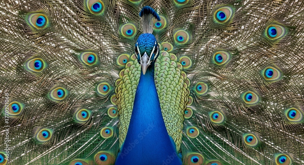 Obraz premium Peacock full body with glowing blue and emerald feathers
