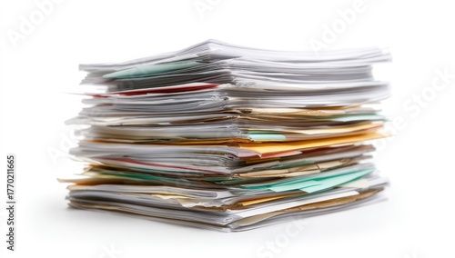 Tall stack of paperwork and documents creates chaos in office.