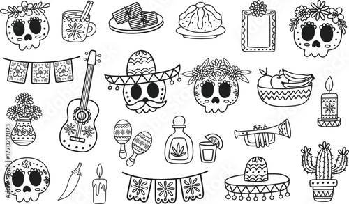 Day of the Dead elements line art set. Mexican holiday Dia De Los Muertos. Hand drawn outline vector illustrations of sugar skulls, candles, traditional offerings, and other festive elements.