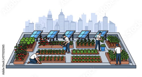 People tending a sustainable rooftop garden in the city, with solar panels contributing to eco-friendly urban farming and green living initiatives
