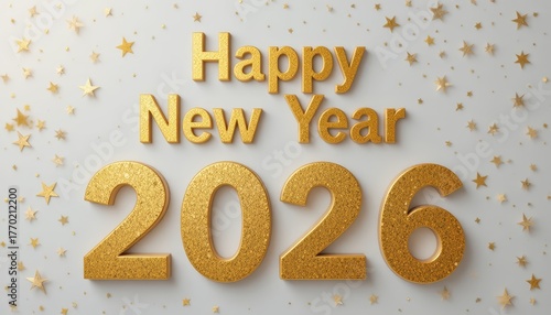 Golden 3D Happy New Year 2026 text with confetti, celebratory design.