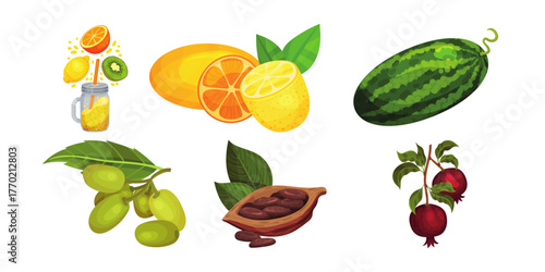 Vibrant fruit assortment offers fresh, healthy choices for smoothies, snacks, and balanced diets, featuring watermelon, citrus fruits, olives, cocoa, pomegranate