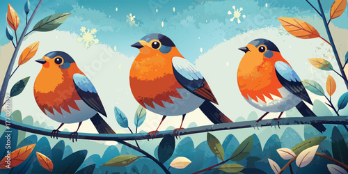Cute cartoon vector illustration of three robin bird with orange chest in winter, perfect for postcard and any design needs