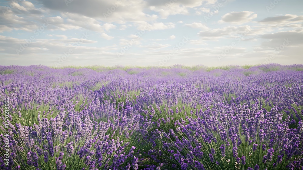 Naklejka premium A field of lavender in full bloom, the soft purple flowers swaying gently in the wind under a clear sky